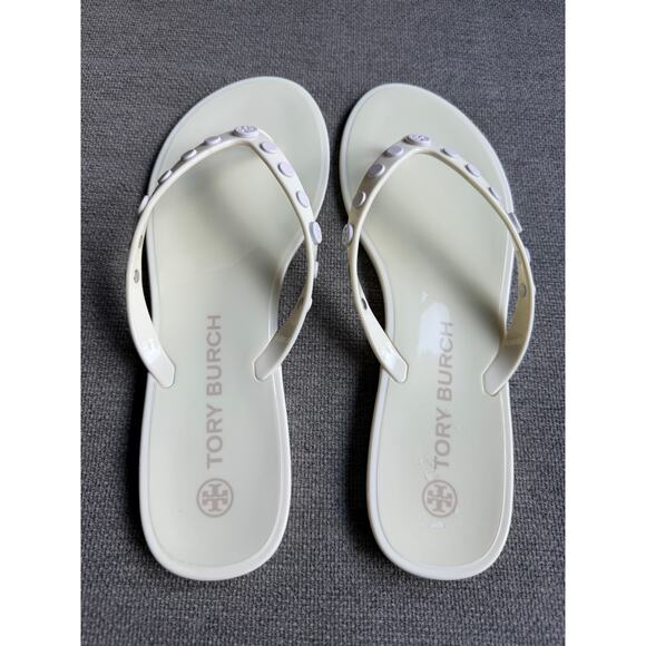 Tory Burch Perfect Ivory Studded Jelly Flip Flops Thongs Sandals Sz 9 Cream - Picture 3 of 10